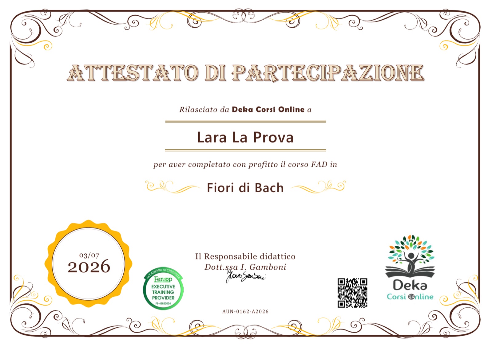 Attestato di partecipazione al corso FAD in Fiori di Bach