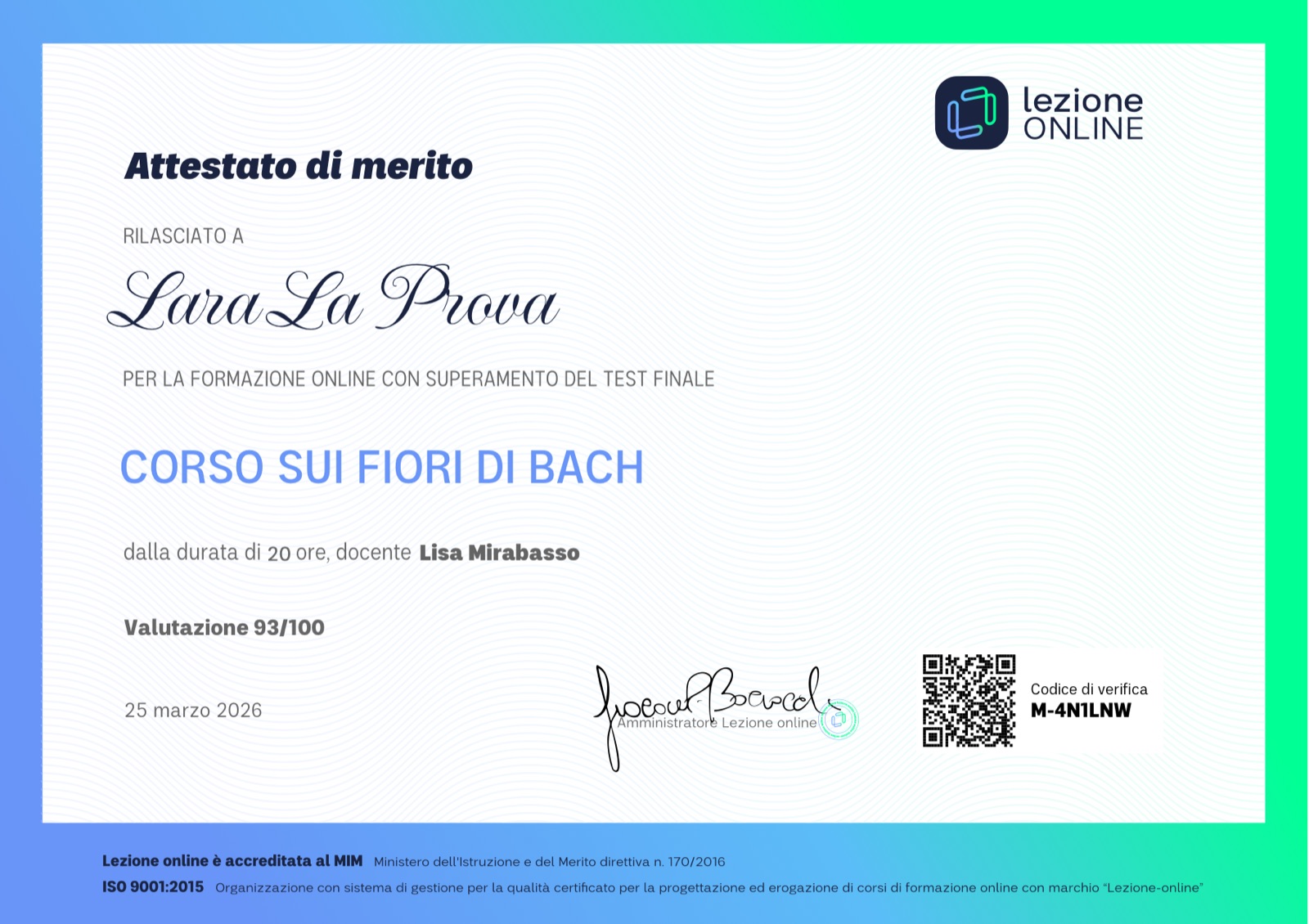 Attestato di merito, corso sui Fiori di Bach