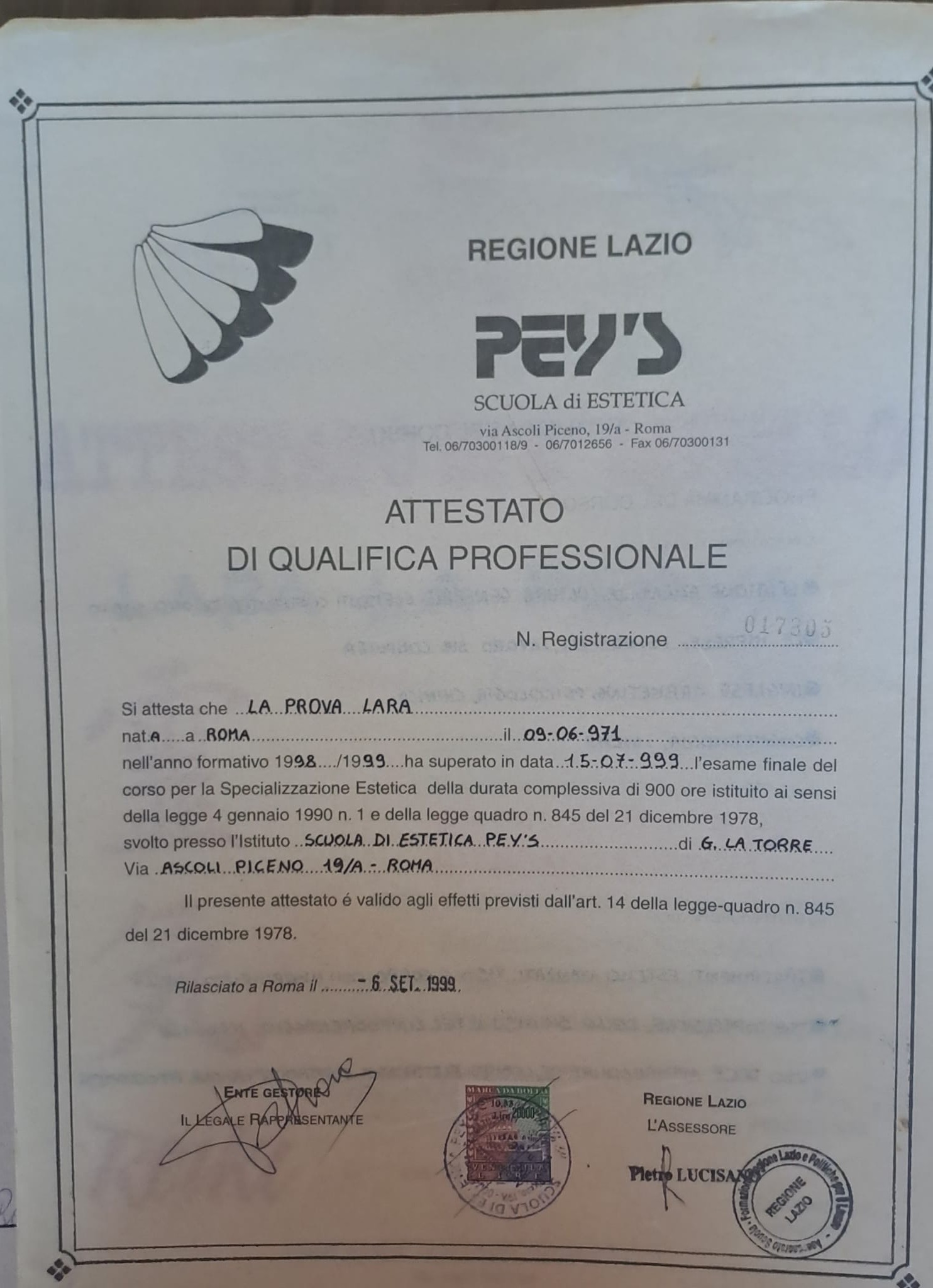 Attestato di qualifica professionale in Estetica, Regione Lazio