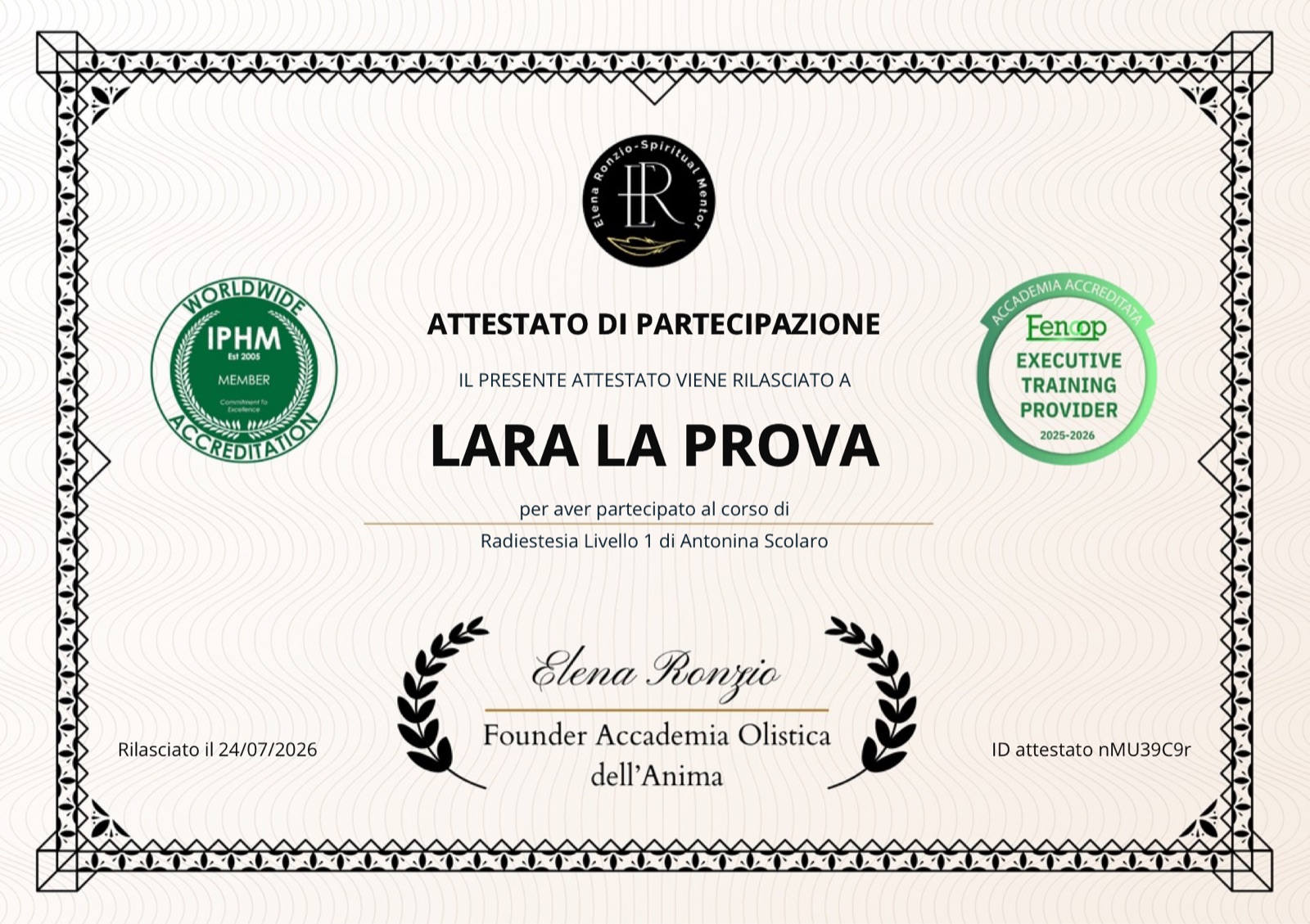 Attestato di partecipazione al corso di Radiestesia Livello 1