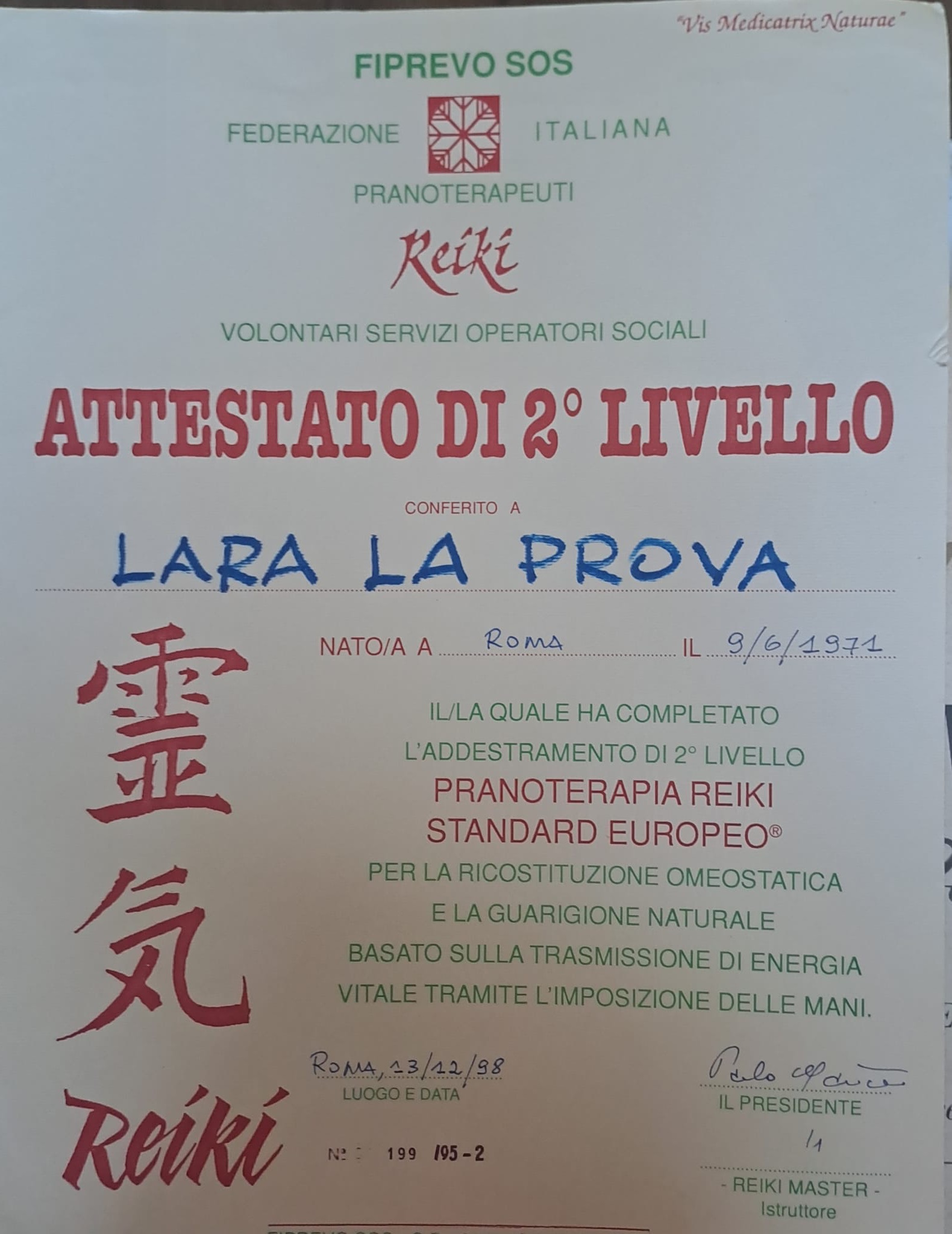 Attestato di 2° livello in Pranoterapia Reiki
