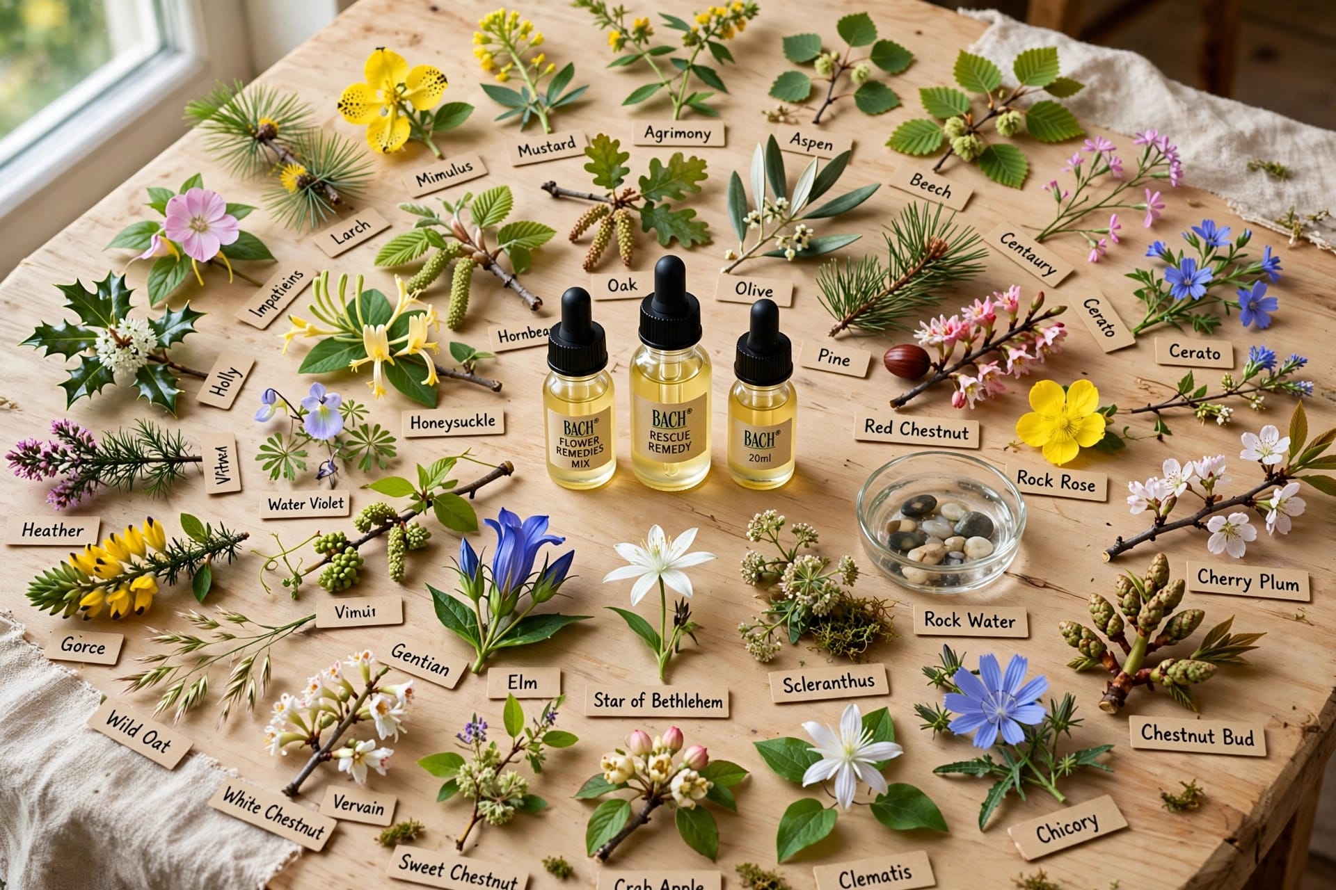 Le 38 essenze dei Fiori di Bach disposte su un tavolo, con i flaconi