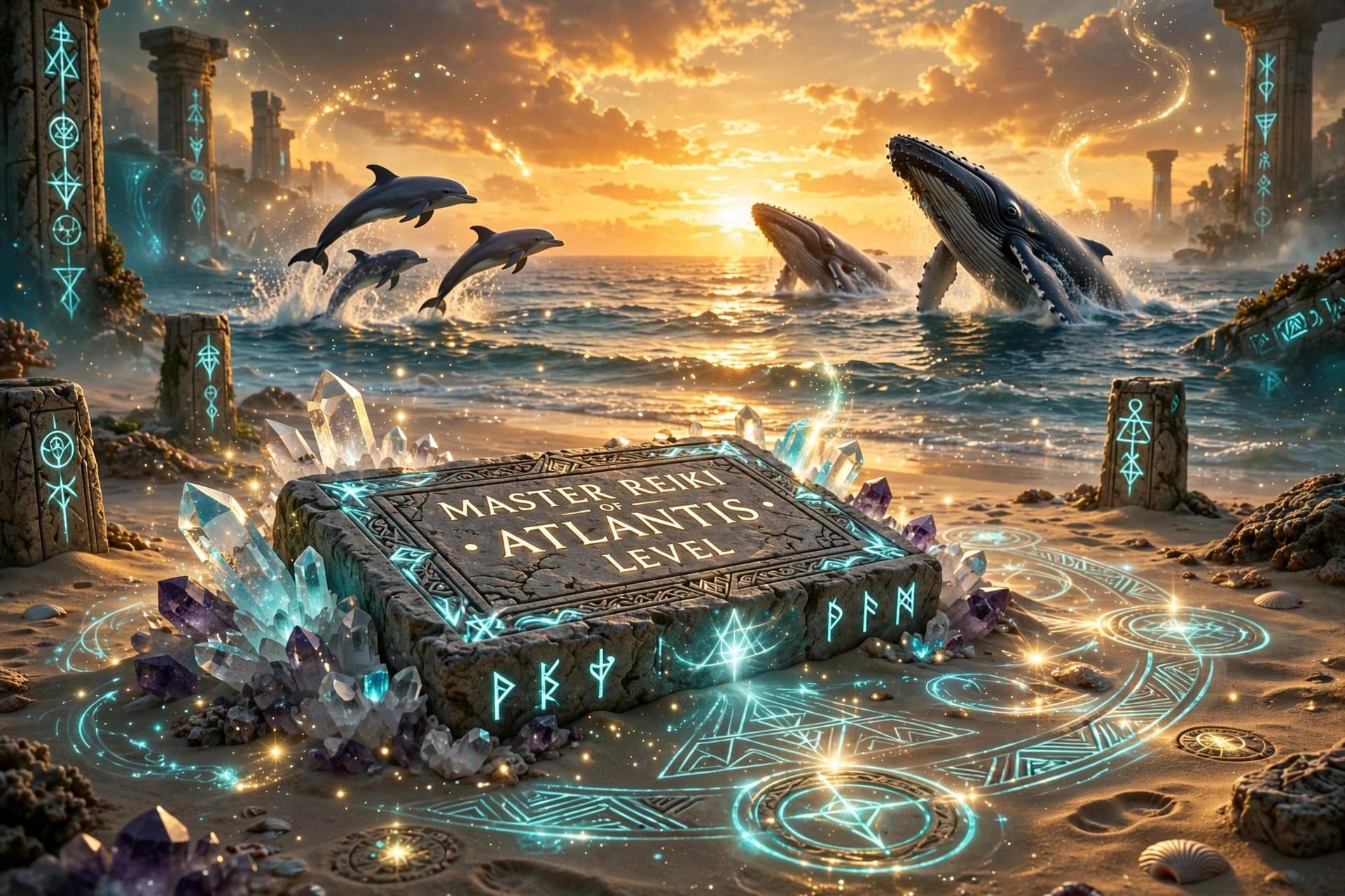 Master Reiki di Atlantide: rune di luce sulla riva con delfini e balene