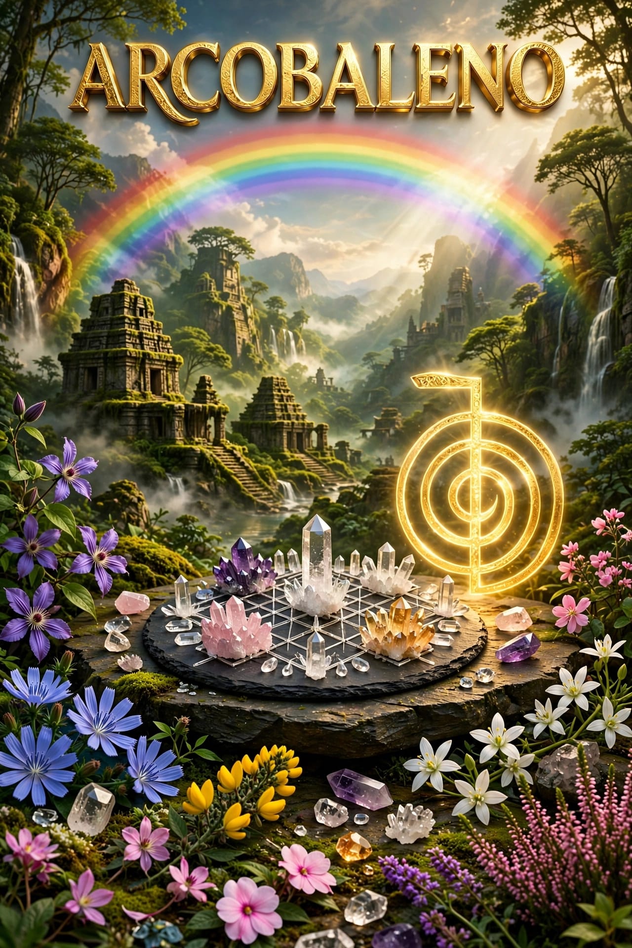 Arcobaleno sui templi di Lemuria con la griglia di cristalli