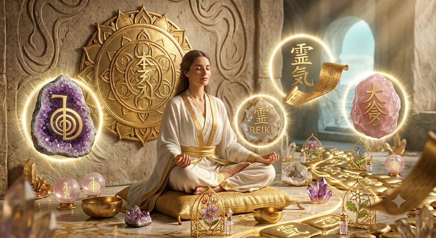 Simboli Reiki e cristalli dorati