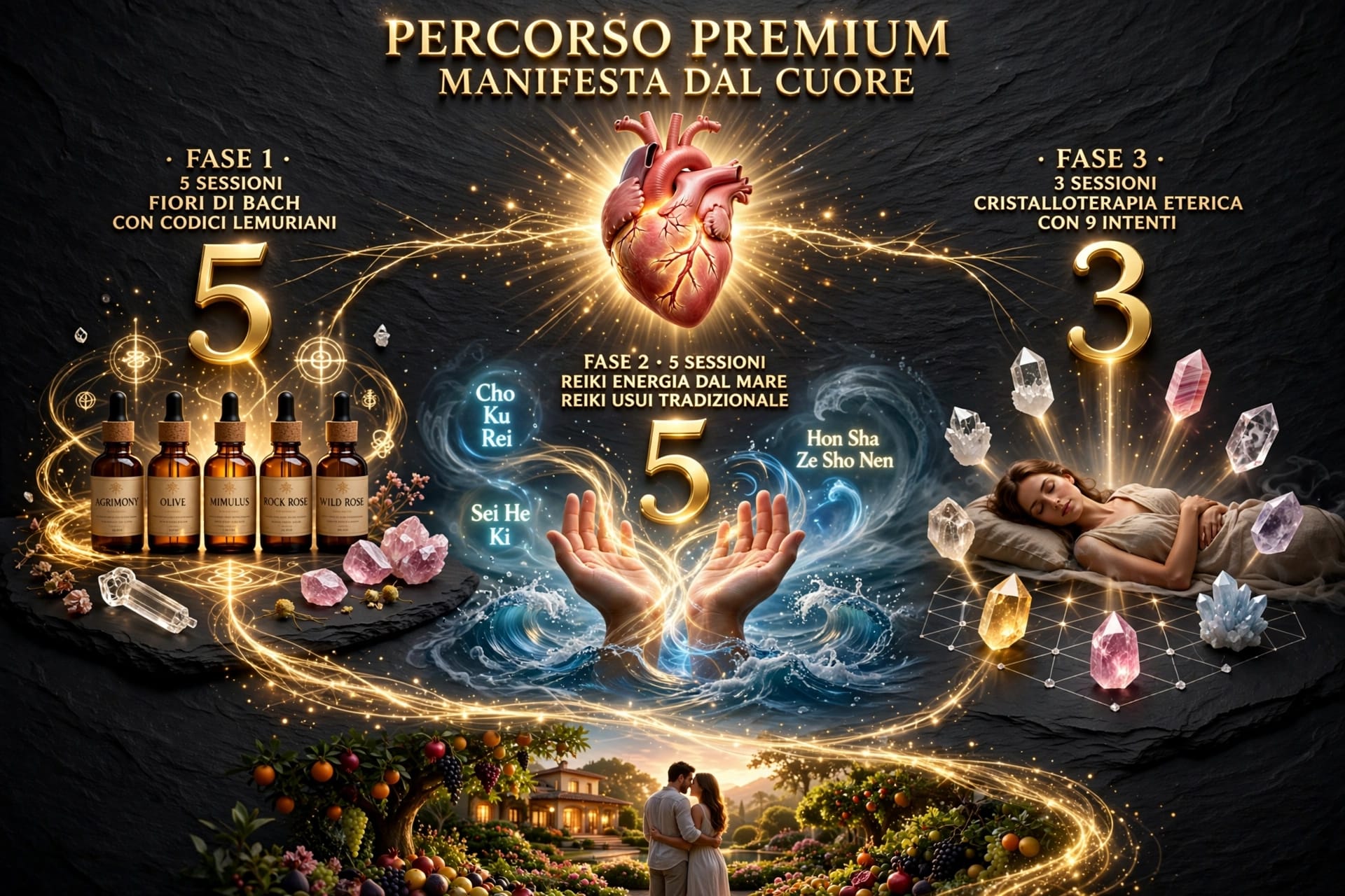 Le tre fasi del Percorso Premium: 5 sessioni Fiori di Bach con Codici Lemuriani, 5 sessioni di Reiki, 3 sessioni di Cristalloterapia Eterica con 9 intenti