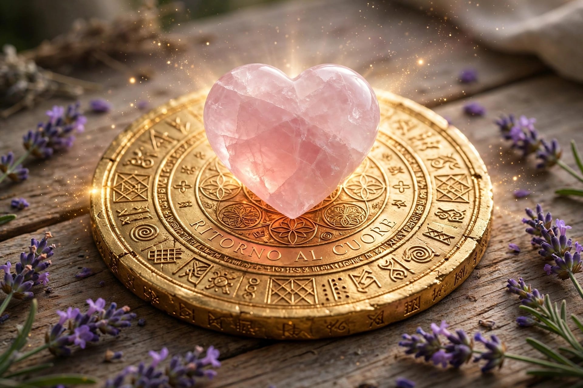 Sigillo del Ritorno al Cuore: cuore di quarzo rosa sul disco dorato